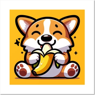 corgi eating banana Posters and Art